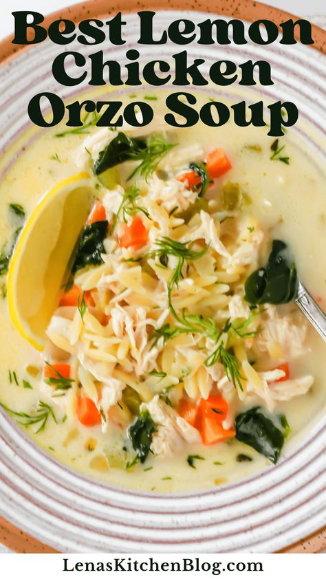 The Best Lemon Chicken Orzo Soup is a one-pot, 30-minute comfort food that uses lemon juice and orzo to uplevel classic chicken soup. It’s sure to become a new family favorite! Turkey And Orzo Soup, Orzo Potato Soup, Chicken Orzo Soup Recipes, Best Lemon Chicken, Orzo Chicken Soup, Lemon Chicken Rice Soup, Lemon Orzo Soup, Lemon Chicken Orzo, Orzo Soup Recipes