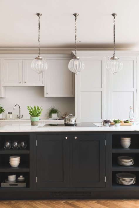 Black Kitchen Islands, Cornforth White Kitchen, Farrow And Ball Kitchen, Cabinet Island, Cornforth White, Hamptons Kitchen, White Shaker Kitchen, Bespoke Kitchen Design, Shaker Style Kitchens