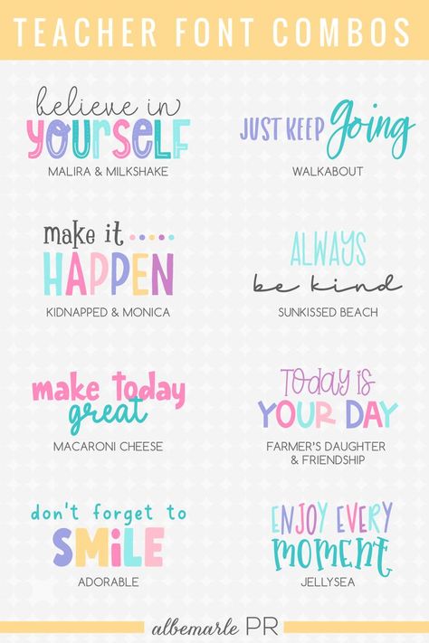 8 Ideas for Teacher Font Pairings Teacher Handwriting Fonts, Fun Canva Font Pairings, Canva Fonts Teachers, 2024 Cute Font, Fun Font Combinations, Teacher Fonts On Canva, Canva Fonts For Bulletin Board, Teacher Fonts Dafont, Teacher Fonts Canva