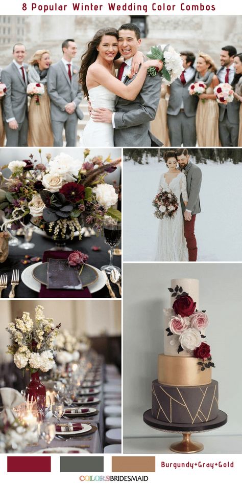 30+ Best Wedding Color Ideas for 2019 - ColorsBridesmaid Gold Winter Wedding, Winter Wedding Color Palette, Burgundy Wedding Colors, Winter Wedding Planning, White Bridal Gown, Wedding Color Combos, Dusty Rose Bridesmaid Dresses, Rose Bridesmaid Dresses, Winter Wedding Cake