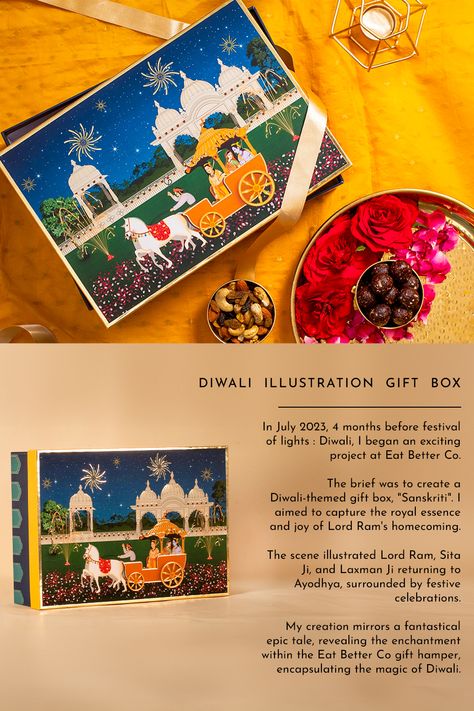 Digital Painting of a scene of Lord Ram, Sita Ji & Laxman returning from exile after 14 years to Ayodhya. The illustration is for the pakaging design of the diwali gift hamper of Eat Better Co Box. Digital Painiting is done in Adobe Photoshop & Illustrator. Diwali illustration gift box design and pakaging design. Diwali Box Packaging, Diwali Packaging, Lord Ram Sita, Gift Box Packaging Design, Diwali Illustration, Ram Sita, Diwali Gift Hampers, Lord Ram, Artwork Ideas