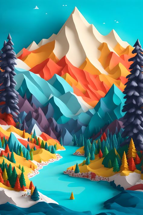 3d Landscape Painting, Pine Trees Illustration, Quilling Landscape, Pine Tree Drawing, Burger Cartoon, 3d Mountain, Dinosaur Light, Paper Cutout Art, 3d Paper Art