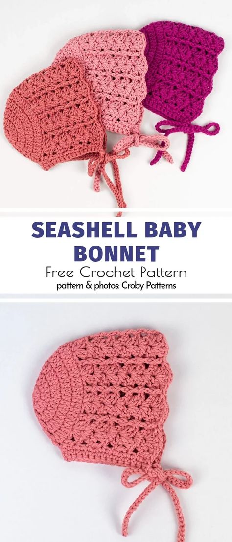 Seashell Baby Bonnet Free Crochet Pattern Crochet Bonnets, Crochet Baby Cap, Crochet Baby Bonnet, Baby Hat Patterns, Bonnet Crochet, Baby Bonnets, Crochet Cap, Baby Clothes Patterns, Haken Baby