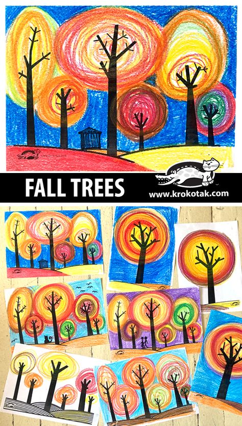 krokotak | FALL TREES 1st Grade Art Projects Back To School, Fall Art Project 3rd Grade, Fall Mosaic Art Projects, Color Lessons For Elementary Art, Kindergarten September Art, September Crafts For Middle School, Fall Classroom Art Projects, 1st Grade November Art Projects, November 2nd Grade Activities