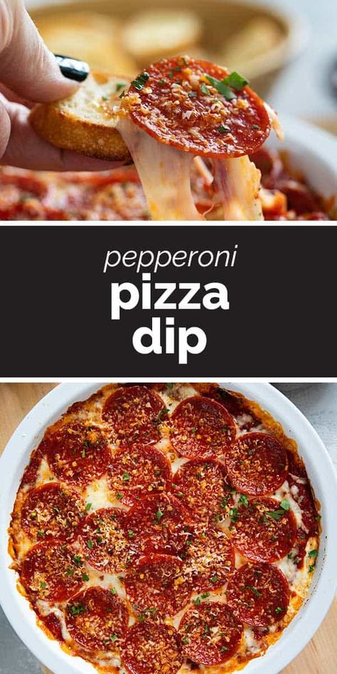 Filled with pizza flavors, and topped with hot pepperoni, this Pepperoni Pizza Dip is the perfect party dip or perfect for game day. Serve with toasted baguette slices or crackers - both perfect for dipping! Healthy Pizza Dip, Pepperoni Appetizers, Toasted Baguette Slices, Pepperoni Dip, Hor Dourves, Pizza Dip Recipes, Pepperoni Pizza Dip, Baguette Slices, Dip Dip