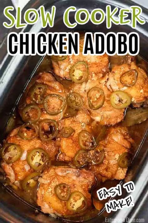 Slow cooker chicken adobo recipe is a Filipino inspired dish with garlic and vinegar infused chicken thighs. This healthy slow cooker meal is tasty over rice and easy to make in the crockpot. Learn how to make the best adobo chicken with a spicy marinade. #eatingonadime #chickenadobo #Philipino #Mexican #crockpot #adobochickenfilipinocrockpot Chicken Thighs Slow Cooker Recipes, Mexican Crockpot, Chicken Adobo Recipe, Apartment Recipes, Crockpot Chicken Thighs, Slow Cooker Chicken Thighs, Recipe Crockpot, Chicke Recipes, Chicken Adobo