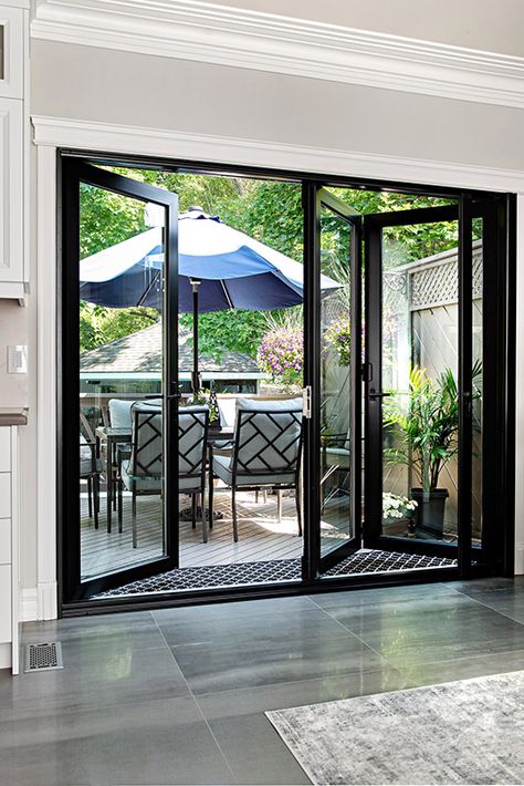 3 Panel Sliding Doors Exterior Patio, French Doors To Backyard Patio, Lanai Door Ideas, Accordion Patio Door, Black French Doors To Deck, Outdoor Patio Door Ideas, Bifold Patio Doors With Screens, Patio Door Options, Accordion Doors Patio