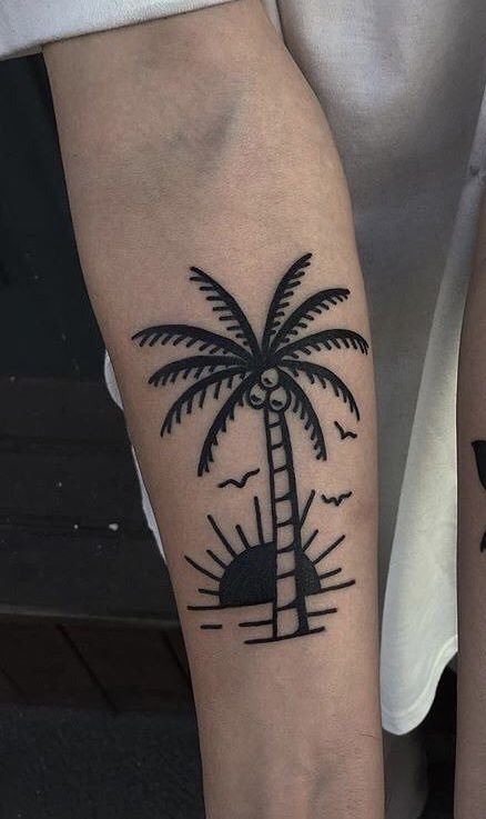 Traditional Beach Tattoo Black, Palm Tattoo Design, Traditional Palm Tree Tattoo, Palms Tattoo, Palm Tattoo, Traditional Tattoo Drawings, Traditional Black Tattoo, Palm Tattoos, Traditional Tattoo Sleeve