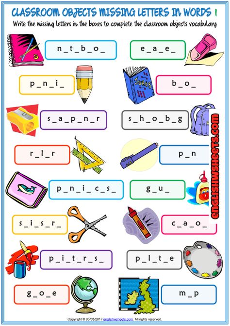 Classroom Objects Missing Letters In Words Worksheets In Words Worksheets, Classroom Objects, Dictionary For Kids, Wristband Template, Kids Worksheet, Missing Letters, Simple Present, Esl Vocabulary, English Worksheet