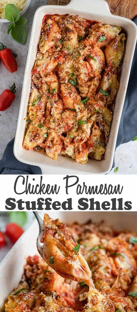 Pasta shells stuffed with a creamy three-cheese and chicken filling and topped with marinara, mozzarella and crispy bread crumbs. These Chicken Parmesan Stuffed Shells can be made in advance and freeze beautifully for an easy meal during busy times. #stuffedshells #pasta #makeaheadmeals #freezermeals #italianfood #casserolerecipes #casseroles #chickendinner #rotisseriechicken #rotisseriechickenrecipes Stuffed Shells Beef, Pasta Shells Stuffed, Shells Stuffed, Chicken Stuffed Shells, Shell Pasta Recipes, Stuffed Shells Ricotta, Crispy Bread, Rotisserie Chicken Breast, Jumbo Pasta Shells