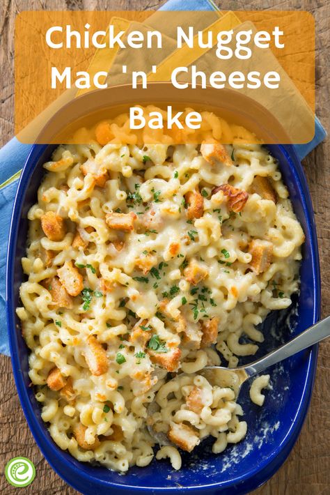 Chicken Nugget Mac 'n' Cheese Bake | eMeals.com Mac And Cheese With Chicken Nuggets, Recipe Using Chicken Nuggets, Chicken Nugget Mac And Cheese, Recipes With Frozen Chicken Nuggets, Chicken Nugget Pasta, Chicken Nuggets And Mac And Cheese, Chicken Nugget Casserole Recipes, Recipes With Chicken Nuggets In Them, Frozen Chicken Nugget Dinner Ideas