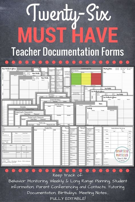 FULLY EDITABLE set of teacher documentation forms. These work perfectly in a binder or as additional inserts in a teacher planner. $5 Teacher Documentation, Elementary Special Education Activities, Teacher Forms, Special Education Elementary, Teacher Binder, Student Information, Teacher Organization, Teacher Planner, Teacher Tools