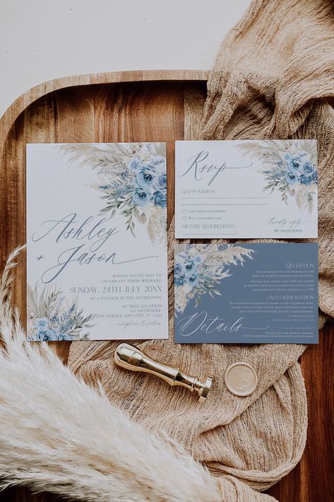 Blue Wedding Invitation Suite Template, Bohemian Dusty Blue Wedding Invite Set Template, Boho Wedding Invites Editable Corjl Template E013 // DEMO THIS ITEM NOW Copy and paste the URL below to demo:  https://www.corjl.com/d/1B8JCB // WHAT IS INCLUDED 1. INVITE: 5x7" (Front & Back 2. RSVP Card (Horizontal)  + 60 Meal Icons - 5x3.5"  - 6x4"  - 5.5"x4.25"   3. Detail Card (Vertical + Horizontal)  - 3.5x5"  - 4x6"  - 4.25x5.5"   4. Wishing Well Card:   - 3.5x5"   - DIGITAL DOWNLOAD: Please note you Boho Wedding Invites, Blue Wedding Invitation Template, Blue Wedding Invitation, Invitations Template, Bridal Shower Planning, Boho Invitations, Dusty Blue Wedding, Wedding Invitations Boho, Dusty Blue Weddings