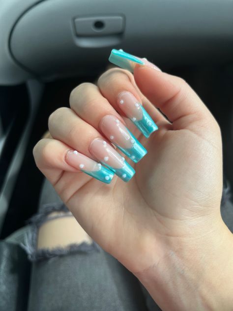 GelX teal with pearls White And Teal French Tip Nails, Dark Teal French Tips, Teal Prom Nails, Teal French Tips, Teal Blue French Tip Nails, Teal Sparkle French Tip Nails, Blue Prom Nails, Nails Prom, Teal Nails