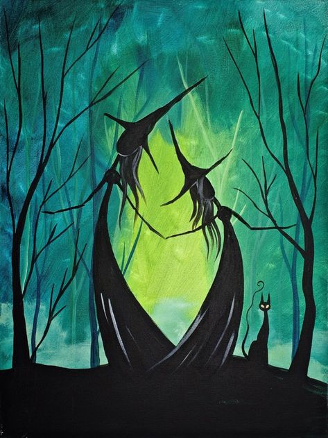 Adorable Witch Sisters In The Woods - Easy Halloween Painting - Gallery - The Art Sherpa Community | The Art Sherpa Halloween Canvas Paintings, Witch Sisters, Witch Painting, Painting Halloween, Halloween Rocks, Paint Nite, Halloween Painting, Halloween Drawings, Forest Painting