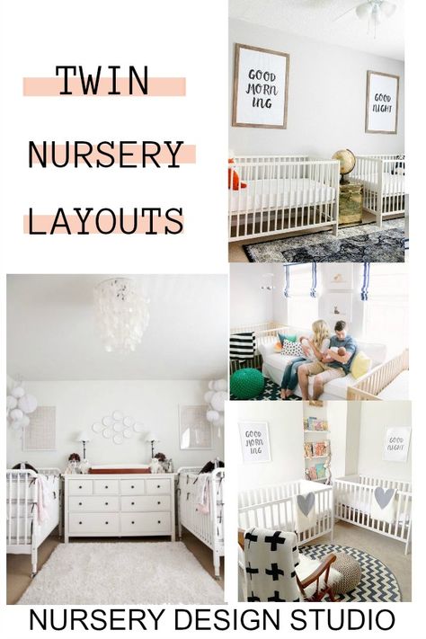 TWIN NURSERY LAYOUTS Small Nursery Layout For Twins, Nursery Two Cribs, Sharing Nursery With Sibling, Twin Nursery Ideas For Small Room, Twins Nursery Small Room, Twin Nursery Set Up Layout, Unisex Twin Nursery, Minimalist Twin Nursery, Tiny Twin Nursery