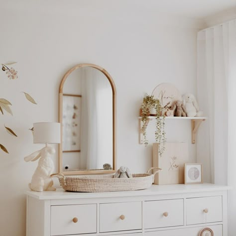 Arched Mirror Nursery, Mirror In Baby Nursery, Arch Mirror Nursery, Nursery Mirror And Shelves, Shelving In Nursery, Nursery Dresser With Mirror, Nursery Gold Mirror, Above The Dresser Nursery Decor, Arch Mirror Above Dresser