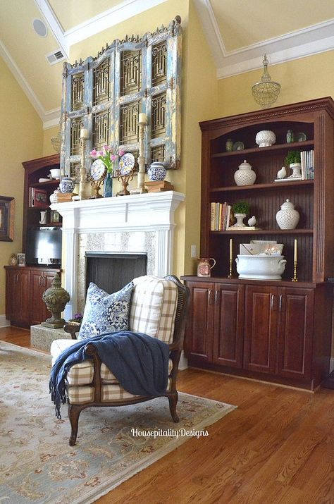 Great Room Mantel - Housepitality Designs French Country Design Style, Country French Home, Spring Mantel, Yellow Cottage, French Country Design, Yellow Living Room, Single Room, French Home Decor, Inviting Home