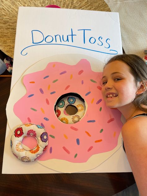 Party games, donut theme Doughnut Theme Party, Donut Toss Game, Sweet Treat Party Games, Two Sweet Party 2nd Birthday Games, Dunkin Donuts Birthday Party Ideas, Donut On A String Game, Donut Birthday Party Games, Dunkin Donuts Birthday Party, Donut Party Games