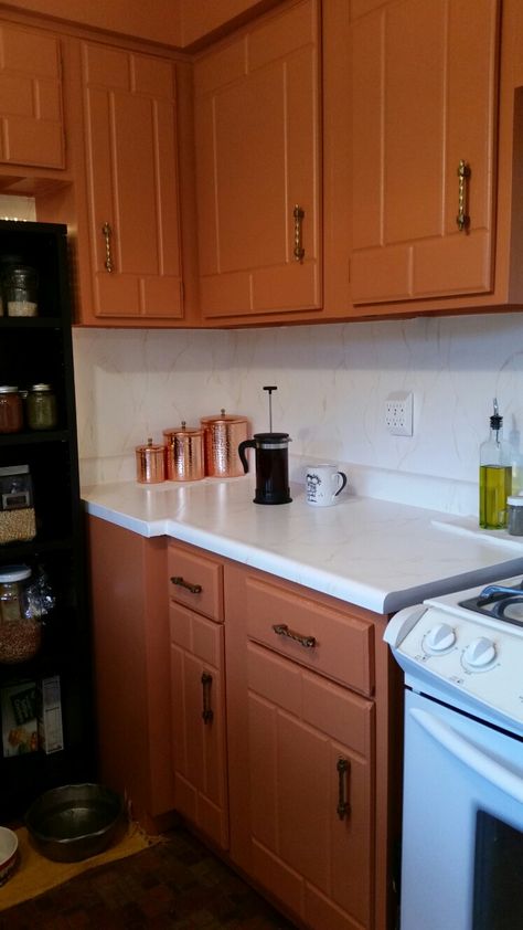 Burnt orange cabinets Burnt Orange Cabinets, Burnt Orange Kitchen Cabinets, Orange Kitchen Cabinets, Orange Painted Furniture, Burnt Orange Kitchen, Pallet Kitchen Cabinets, Orange Cabinets, Laundry Reno, Pallet Kitchen