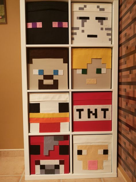 Minecraft Diy Decor, Minecraft Boys Room, Minecraft Kids Room, Ikea Box Shelves, Minecraft Bedrooms, Minecraft Diy, Minecraft Bedroom Decor, Ikea Boxes, Cool Bedrooms For Boys