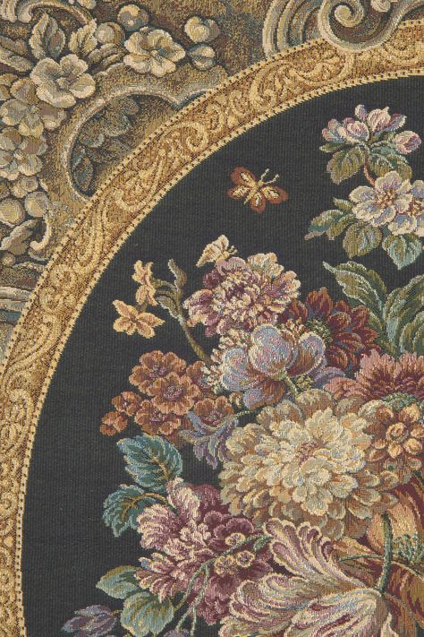 Floral Composition in Vase Black is an Italian jacquard woven wall tapestry. A captivating work featuring an abundance of flowers overflowing onto the table below. The detail of the petals and leaves and the subtle shading is masterfully executed. The use of widely varying colors: crimsons, violet blues, deep orange and olive greens in their variety of shades, to the composition of overlapping flowers with leaves protruding creates a balanced and engaging piece. The ornate border with its scroll Flowers Tapestry, Unicorn Tapestries, European Wall, Ornate Border, Decorative Wall Hanging, Vase Black, Floral Composition, Witchy Wallpaper, Horror Themes