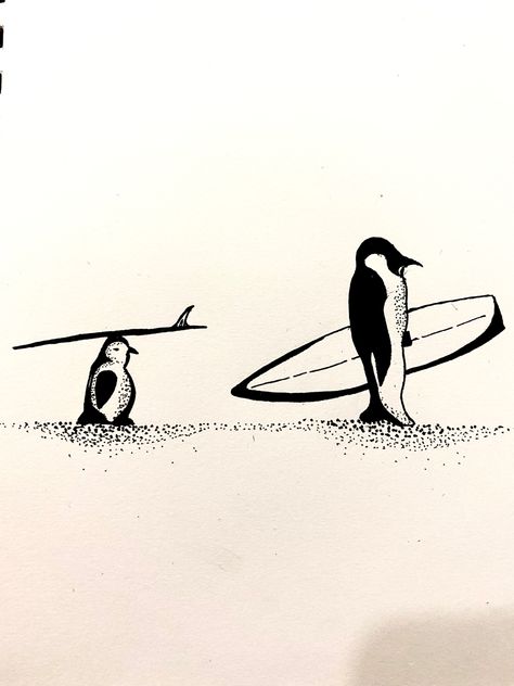 Penguin Surfing Tattoo, Surfs Up Tattoo, Marine Life Tattoo, Surfing Tattoo, Painted Surfboard, Surfer Tattoo, Beachy Tattoos, Marine Tattoo, Earthy Tattoos