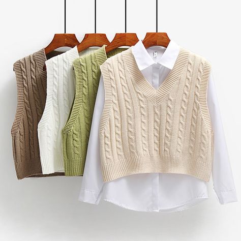 Korean Sweater Vest Outfit, Sweater Vests Outfits, Korean Sweater Vest, Preppy Style Fall, Spring Korean Fashion, Korean Sweater, Sweater Vest Outfit, Sweater Sleeveless, Loose Vest