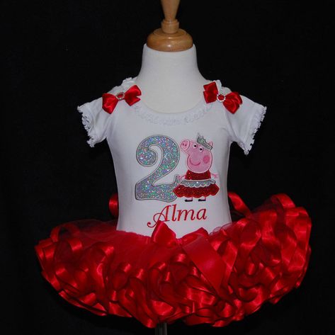 Birthday Dress Glitter, Peppa Pig 2nd Birthday, 2nd Birthday Outfit Girl, Peppa Pig Birthday Outfit, Peppa Birthday, Peppa Pig Outfit, Ribbon Tutu, Ribbon Trim Tutu, 2nd Birthday Outfit