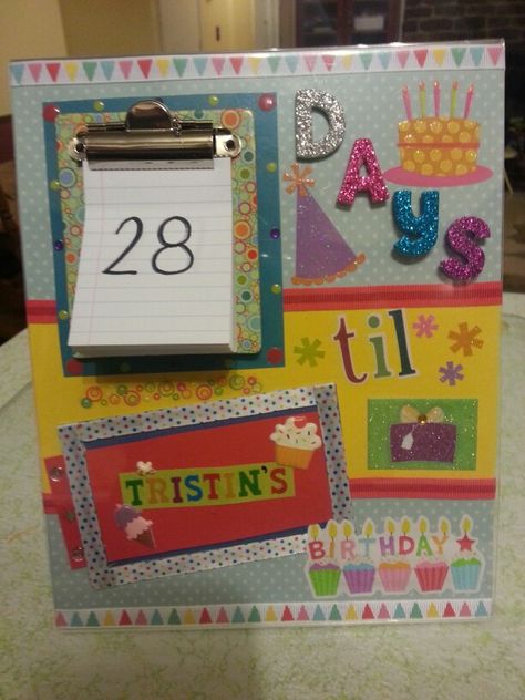 Birthday Countdown....8'10 plastic picture frame, some ribbon, stickers & scrapbooking paper. Make as many name tags as you want and just make the frame (around name) open on 1 side to make counting down to birthdays fun for all! Could use post its for the notepad, just rip away as your counting down! Plastic Picture Frames, Birthday Countdown, Post Its, Scrapbooking Paper, Post It Notes, Scrapbook Stickers, Birthday Fun, Name Tags, Scrapbook Paper