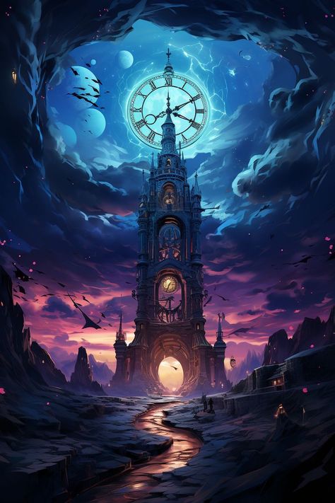 Machine World Concept Art, Steampunk Landscape Art, Fantasy Clock Art, Time Travel Art Fantasy Inspiration, Steampunk World Art, Wizard Tower Aesthetic, Steampunk Astronomy, Fantasy Clock Tower, Steampunk Aesthetic Wallpaper