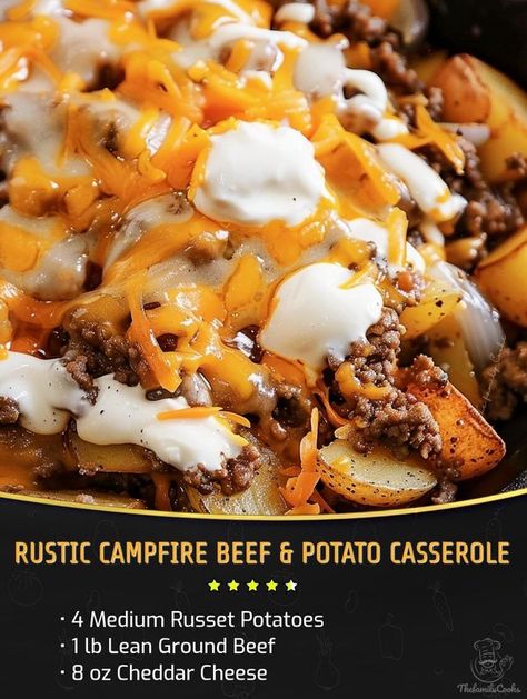 Paolina Baker Beef And Potato Casserole, Beef Potato Casserole, Fall Casserole Recipes, Fall Casseroles, Dump Meals, Beef And Potatoes, Campfire Cooking, Beef Casserole, Russet Potatoes