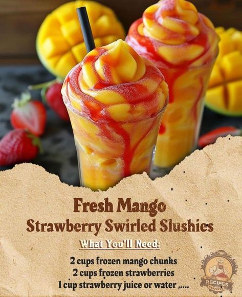 Iced Drinks Recipes, Slushie Recipe, Fruit Smoothie Recipes Healthy, Frozen Mango, Drink Recipes Nonalcoholic, Yummy Alcoholic Drinks, Mango Chunks, Smoothie Drink Recipes, Refreshing Drinks Recipes