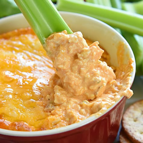 Chicken Wing Dip -- AKA, Buffalo Chicken Dip -- is warm, creamy, and loaded with cheese, chicken, and wing sauce. It's the perfect chicken wing dip recipe for parties and ideal for game day, football watching, or Super Bowl! Chicken Wing Dip Recipe, Wing Dip Recipe, Hot Wing Dip, Buffalo Chicken Wing Dip, Buffalo Chicken Wing, Wing Dip, Bbq Chicken Dip, Chicken Wing Dip, Chicken Dip Recipe