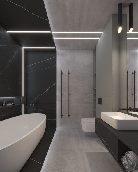 Black And White House Interior Decor Bathroom, Black Bathroom White Tub, Modern Bathroom Design Black And White, Black White Bathrooms Marble, Black Tile White Tub, Bathroom White And Black, Black Floor White Marble Walls Bathroom, Black And White Bathroom Ideas Modern, Black White Bathroom Ideas