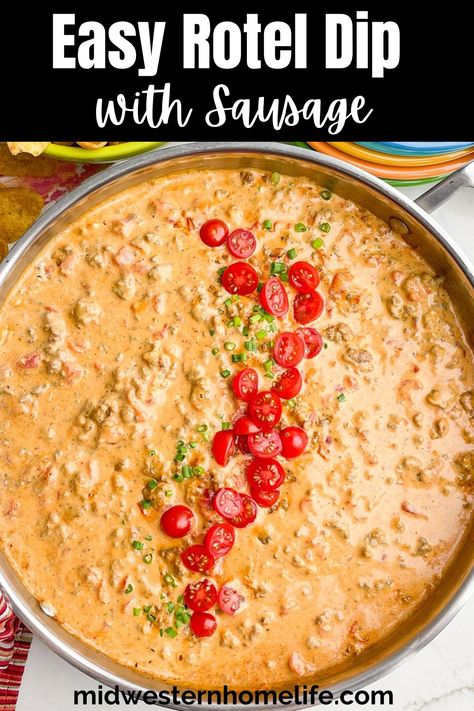 Hearty Sausage Rotel Dip is the ultimate party dip loaded with gooey Velveeta, cream cheese, sausage, ground beef, spices, and tomatoes. Easy appetizer for the holidays and game day you can make on the stove top or in the slow cooker. Sausage Rotel Dip, Dip With Sausage, Rotel Dip With Sausage, Ground Beef Cream Cheese, Sausage Cream Cheese Dip, Velveeta Cheese Dip, Beef Spices, Rotel Cheese Dip, Sausage Cheese Dip