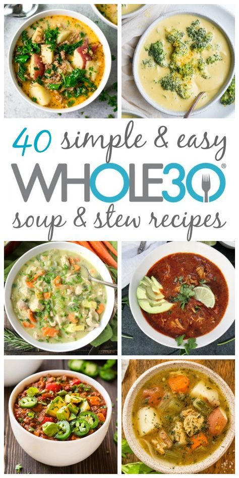 These 40 Whole30 soup, stew and chili recipes are hearty, delicious and perfect for a weeknight meal or meal prepping. They are all also paleo, dairy-free and gluten-free, and sure to be new family favorites. From chicken soups, beef soups, pork, turkey, seafood and vegetarian soups, this post brings you all of the best Whole30 soup recipes! #whole30soup #paleosoup #whole30recipes #whole30souprecipes #dairyfreesoups #whole30stew Whole 30soup Soup Recipes, Whole 30 Chicken Chowder Recipe, Whole 30 Soup Slow Cooker, Whole 30 Hearty Meals, Whole30 Chicken Soup Recipes, Vegetarian Recipes Whole 30, Healthier Soup Recipes, Health Soup Recipes Clean Eating, Paleo Family Dinner Recipes