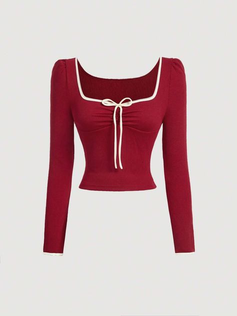 SHEIN MOD Tomato Girl Fall Coquette Long Sleeve Women Tops With Contrasting Edge,Red Top,Winter Tops,Fall TopsI discovered amazing products on SHEIN.com, come check them out! Blusas Coquette, Top Rojo, Tomato Girl, Fall Coquette, Red Long Sleeve Shirt, Romantic Outfit, Fashion Tights, Coquette Bow, Winter Tops