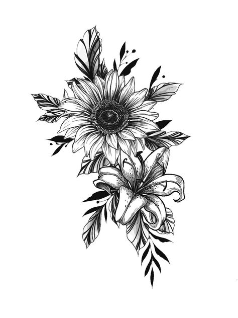 Lilly Sunflower Tattoo, Back Tattoo Women Sunflower, Lily And Sunflower Tattoo Design, Sunflower Floral Tattoo Design, Lilly And Sunflower Tattoo, Sunflower Shoulder Tattoos For Women, Sunflower Half Sleeve Tattoo, Sun Flower Tattoos, Sun Flower Tattoo Design