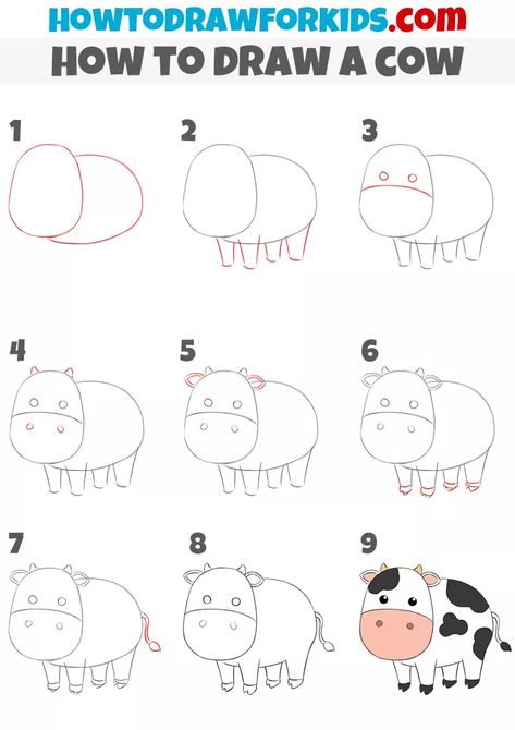 Cow How To Draw, Easy To Draw Farm Animals, Easy Cow Drawing Simple, How To Make A Cow, How To Draw A Cute Cow, Easy Farm Animal Drawings, How To Draw Cows, How To Draw A Cow Easy, Cow Drawing Easy Step By Step