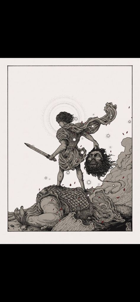 Bible Comic Art, David Slays Goliath, Saint Augustine Tattoo, David And Goliath Drawing, David Vs Goliath Tattoo, God Art Drawing, Biblical Sketches, David And Goliath Tattoo, Power Poses