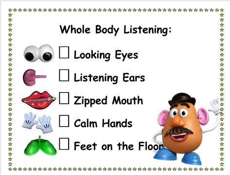 Simple visual checklist to teach young children about whole body listening. I used it with my preschoolers to help them attend to group lessons. Listening Activities For Preschoolers, Communication Skills Activities, School Counseling Week, Whole Body Listening, Body Preschool, Eyfs Classroom, Environmental Print, Reading Task Cards, Behaviour Strategies