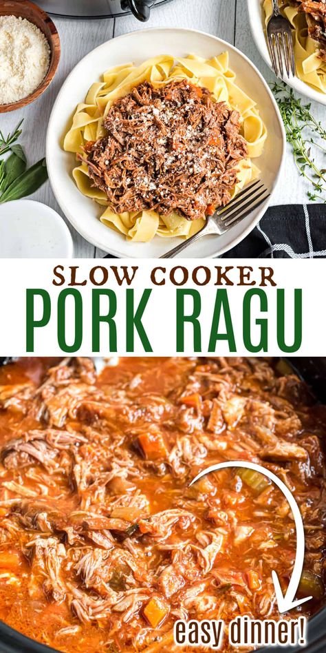 Italian flavors shine in this slow cooker Pork Ragu recipe. Cooked for hours in the crockpot in an herb infused wine sauce, the juicy, shredded pork is served over pappardelle pasta for an irresistible Italian dinner. Shredded Pork Meat Recipes, Slow Cooker Pork Ragu, Pork Ragu Crockpot, Pork Tenderloin And Pasta, Can Pork Recipes, Fall Crockpot Recipes Pork, Italian Pork Recipes For Dinner, Pork Pasta Recipes, Pork And Pasta