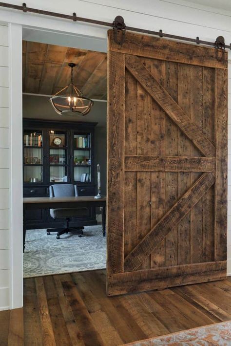 Classic lakeside home in Minnesota features modern farmhouse elements Modern Farmhouse Office, Barnwood Doors, Barn Door In House, Modern Floating Shelves, Showroom Decor, South Shore Decorating, Farmhouse Office, Rolling Barn Door, Home Office Lighting