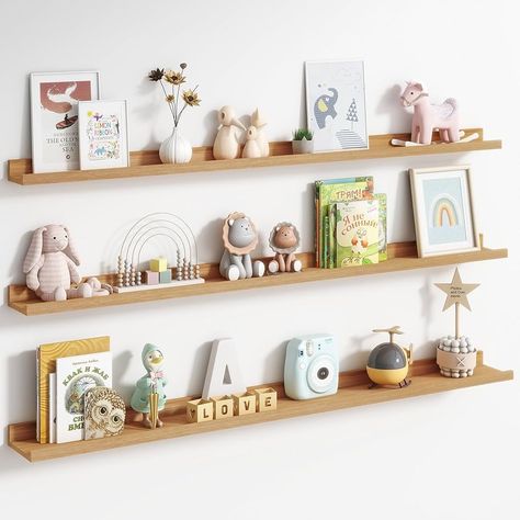 Amazon.com: Axeman Picture Ledge Shelf, Long Floating Shelves for Wall Set of 3, Rustic Oak Floating Picture Shelves with Lip, Wall Shelves for Record Display Nursery Book Shelf Display Shelf - Oak : Home & Kitchen Wall Shelves For Kids Room, Picture Shelf Nursery, Nursery Shelves Boy, Narrow Shelves Decor, Baby Room Shelf Decor, Kids Room Floating Shelves, Floating Shelves Playroom, Boy Room Shelves, Nursery Wall Bookshelves