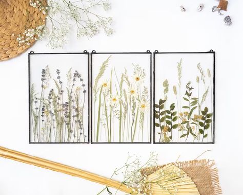 Framed Wall Art Set of 3 Pressed Flower Frame Hanging Floral - Etsy Canada Lavender Flower Field, Framed Flower Art, Wildflower Wall, Pressed Flower Frame, Flower Bedroom, Handmade Frame, Frame Floral, Craft Packaging, Natural Flowers