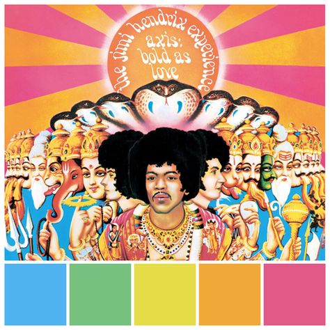 Jimi Hendrix’s Axis Bold As Love (1967) created by David King and Roger Law features psychedelic colours. Psychedelic colours invariably include double or triple complementary colour combinations. These colour combos served as an effective visual code, acting as a rallying symbol of the hippie, counter culture tribe. Psychedelic colours are one of the most effective visual signifiers of the 20th century.  Psychedelic colour palette illustration by Zena O’Connor. Colour Palette Illustration, Axis Bold As Love, Palette Illustration, The Jimi Hendrix Experience, Color Harmonies, Jimi Hendrix Experience, Counter Culture, Colour Combos, Age Of Aquarius