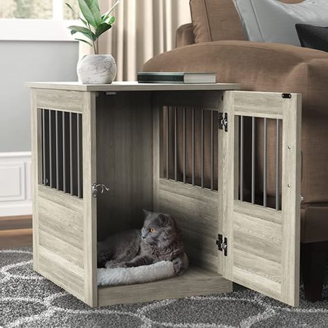 ClosetMaid Small Grey Pet Crate End Table - cats might like or need a crate, too. Dog Crate Bedroom, Pet Crate Furniture, Stylish Pet Furniture, Crate End Tables, Cat Crate, Crate Table, Pet Organization, Grey Laminate, Decorative Storage Baskets