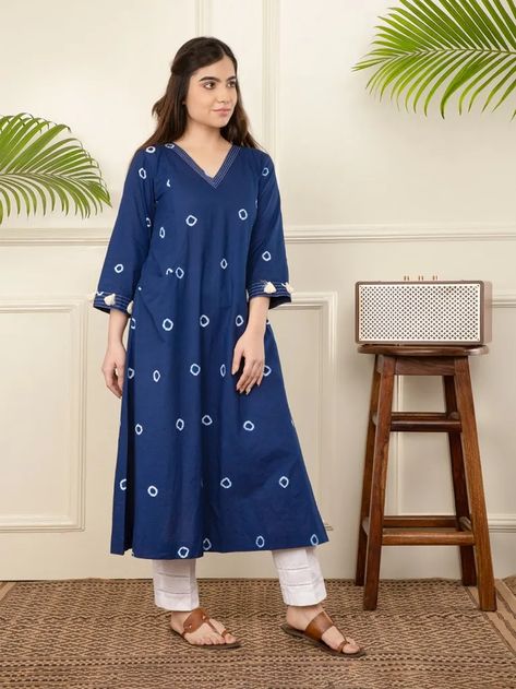 Buy Indigo Bandhani Cotton A-Line Kurta | TAN07IBA106/TAN57JUN | The loom The Loom Kurtas, Bandhani Suit, Coordinate Sets, Cotton Suit Designs, Sleeveless Blouse Designs, Different Types Of Dresses, Casual Indian Fashion, Simple Fall Outfits, Coord Set