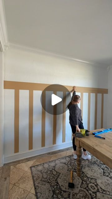 Shanty2Chic on Instagram: "I gave my dining room wall a quick makeover 😍" Accent Wall With Tape Design, Dining Room Paneling Ideas, Molding On Walls Dining Room, Dining Room Moulding Ideas, Dining Room Wall Inspiration, Wainscotting Dining Rooms, Dining Accent Wall, Dining Room Statement Wall, Dining Room Accent Wall Colors